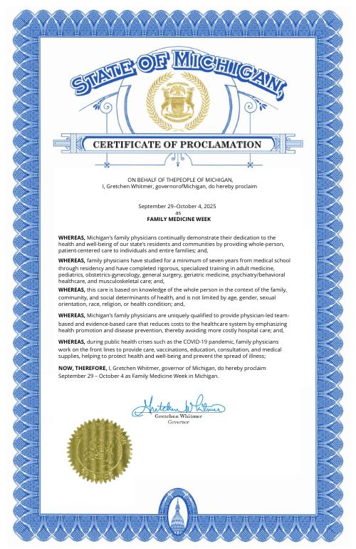 2025 Michigan Family Medicine Week Proclamation